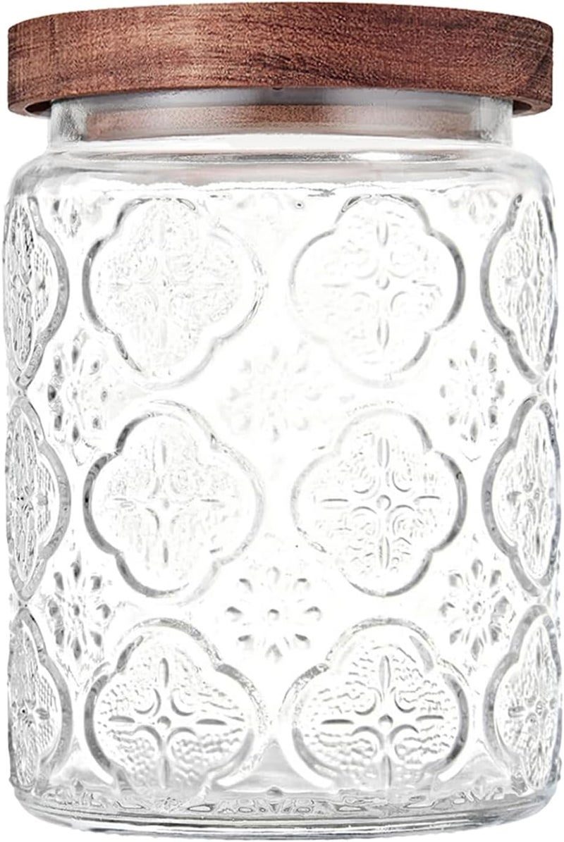 Custde Glass Storage Jars With Airtight Lid, 23.7oz Container For Kitchen Counter with Wooden Lid, brown sugar, candy, coffee, cookie, salt, tea, cute Jar (Begonia Flowers*1) - Image 1